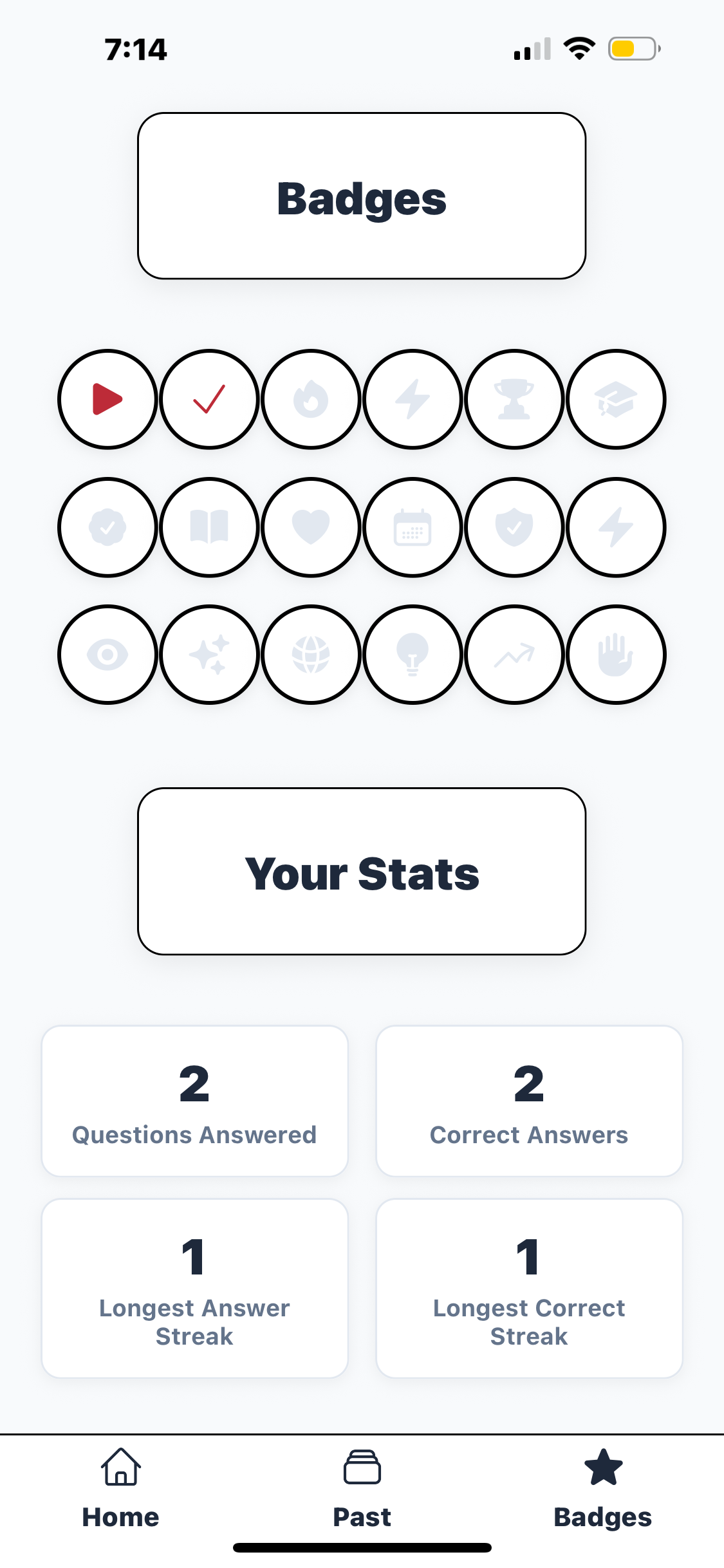 A screenshot of the badges tab in the app Charity A Day.