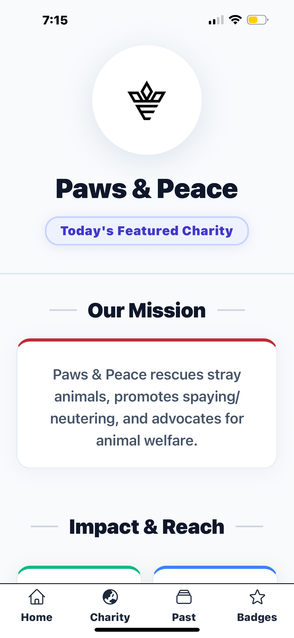 A screenshot of the charity information tab in the app Charity A Day.