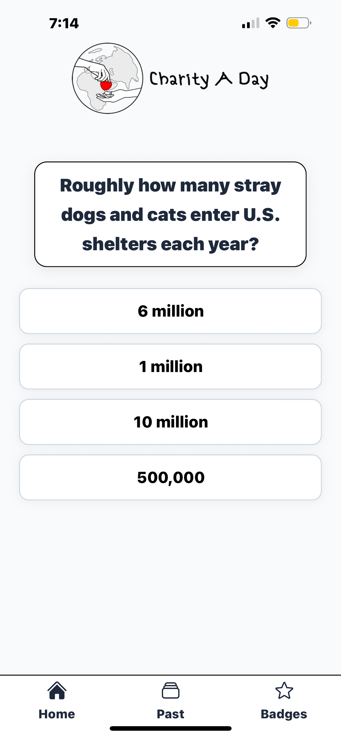 A screenshot of the home tab in the app Charity A Day.