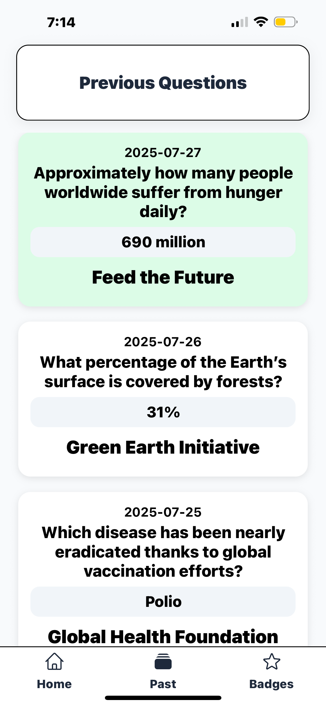 A screenshot of the past questions tab in the app Charity A Day.